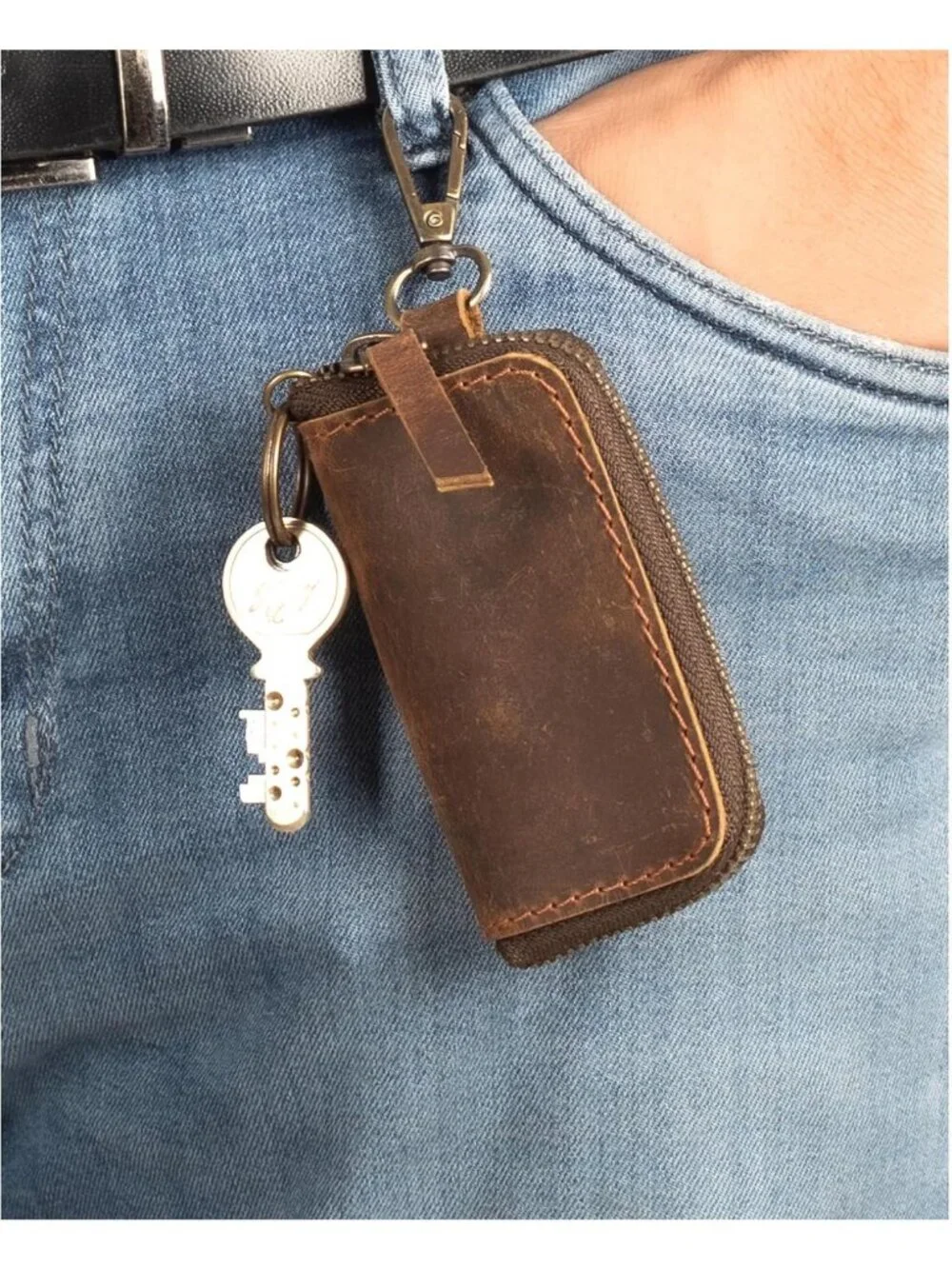 Stylish Leather Coin Purse & Key Pouch with Zipper and Belt Loop - Perfect for